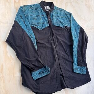 Vintage Rodeo Shirt Mens XL Black Teal Western Colorblock Long Sleeve Button Up
